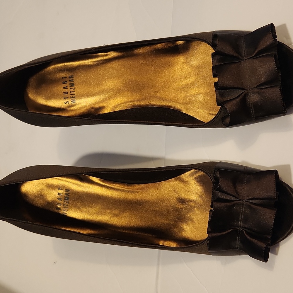 Stuart Weitzman Satin High Heel Open Toe Pumps With Bow Detail In Brown Size 9M - Picture 2 of 11